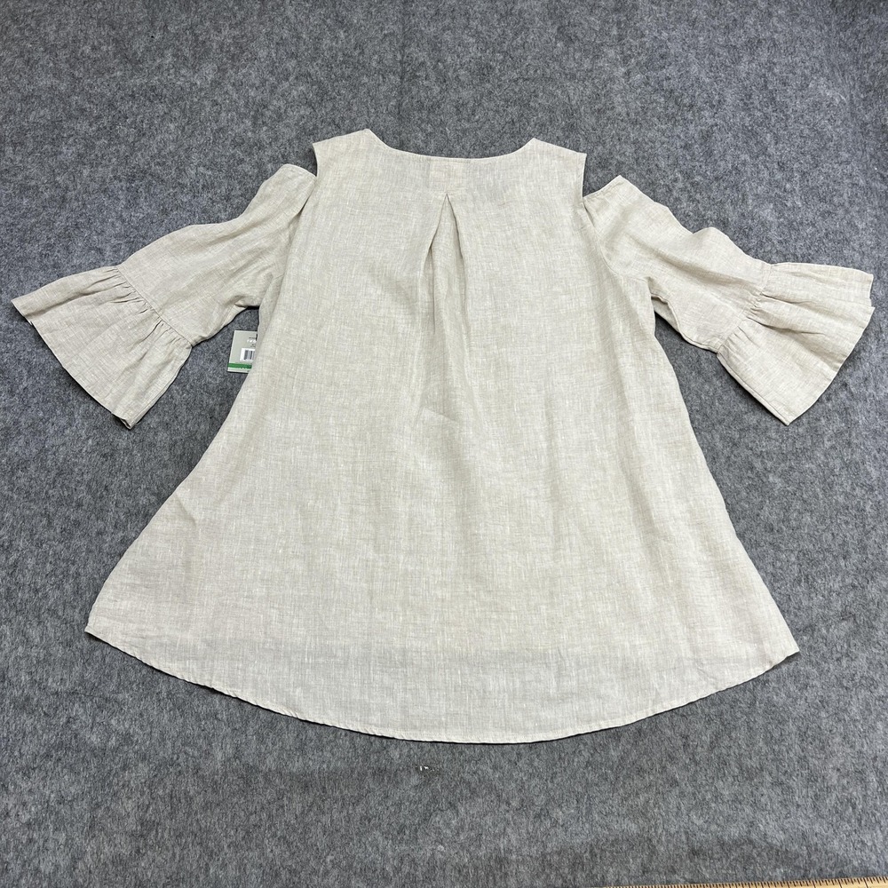John Mark Blouse Womens L Beige Linen Cold Shoulder 3/4 Bell Sleeve Tunic Top - Picture 2 of 16